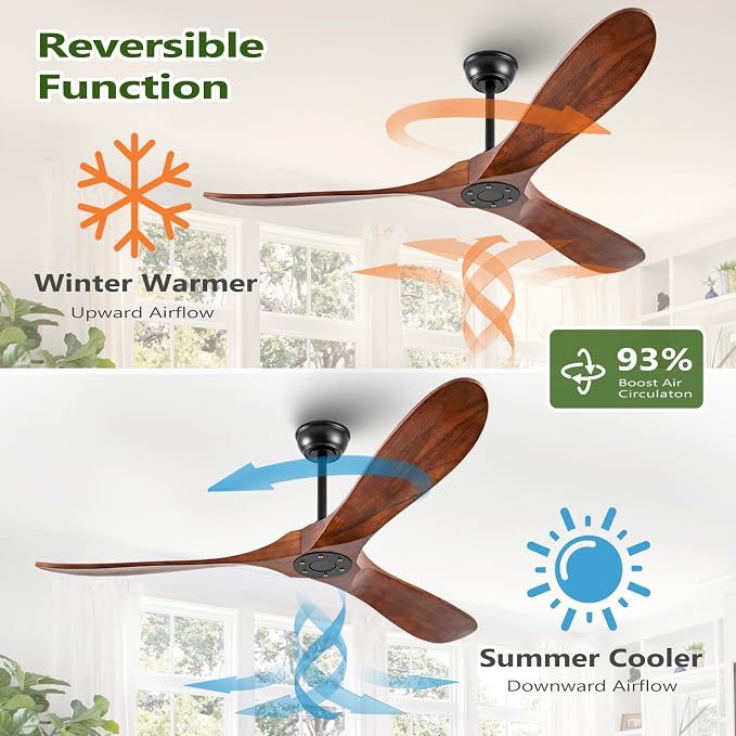 60 Inch Solid Wood Ceiling Fans No Lights Remote Control,Large Outdoor Real Wood Ceilings Fan Without Lights 3 Walnut Blades Craftmade Quiet for Patio Farmhouse Living Room Bedroom Office