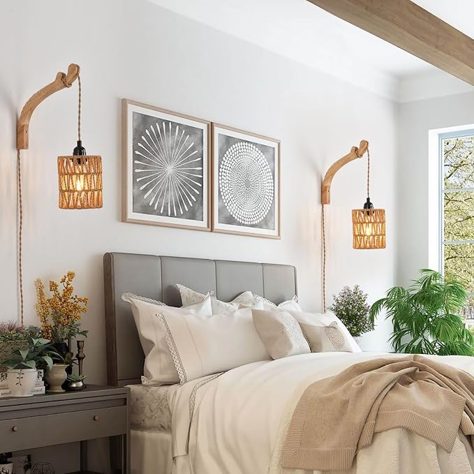Plug in Wall Sconce,Farmhouse Wicker Wall Lamp Plug in,Hand Woven Rattan Wall Light Farmhouse Rustic Boho Sconces Wall Lighting for Living Room Bedroom