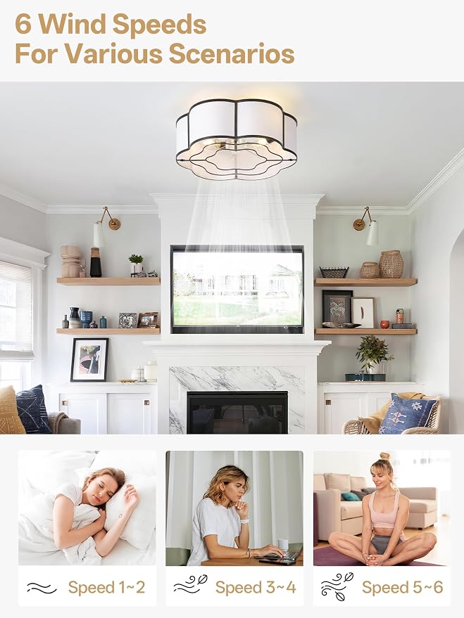 20" Farmhouse Ceiling Fan with Lights Flush Mount, Black Enclosed Ceiling Fans with Lights Remote Control, Caged with 6 Speeds for Bedroom, Living Room, Nursery