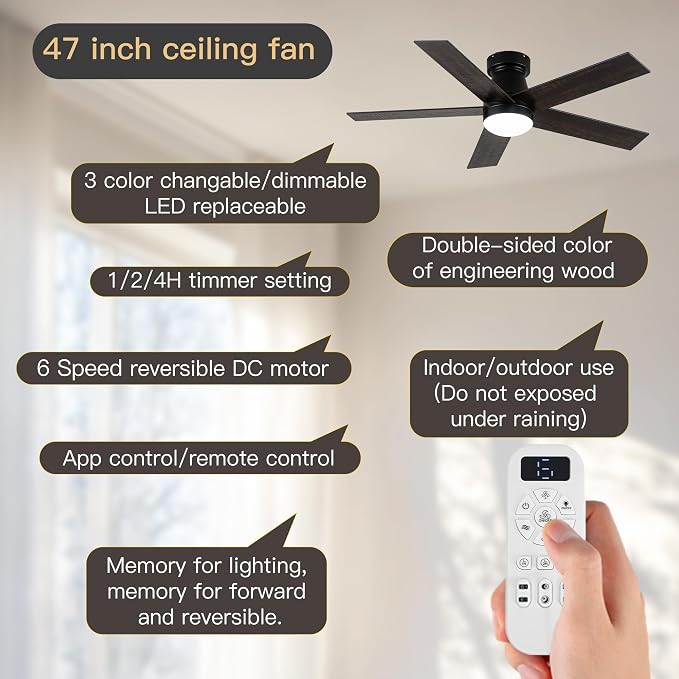 Ceiling Fans with Lights and Remote Control, Bedroom Ceiling Fan with Light 3-Color LED Dimmable and Replaceable, Memory for Lighting and Fan Reversible, 6-Speed, Timer, Indoor/Outdoor Use, 47 Inch