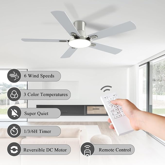 SNJ 52 Inch Brushed Nickel Ceiling Fans with Lights and Remote,Flush Mount Low Profile 5 Blades Ceiling Fan,Dimmable Quiet Reversible DC Motor for,Living Room,Bedroom and Patio