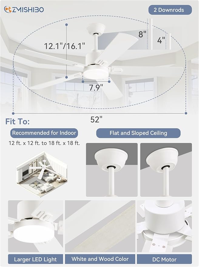 ZMISHIBO 2 Pack 52" Ceiling Fans with Lights, White Modern Ceiling Fan with Remote & App Control, Bedroom Indoor Fan with Dual Finish Blades, Quiet & Strong Motor, 24W Dimmable Bright LED Light.