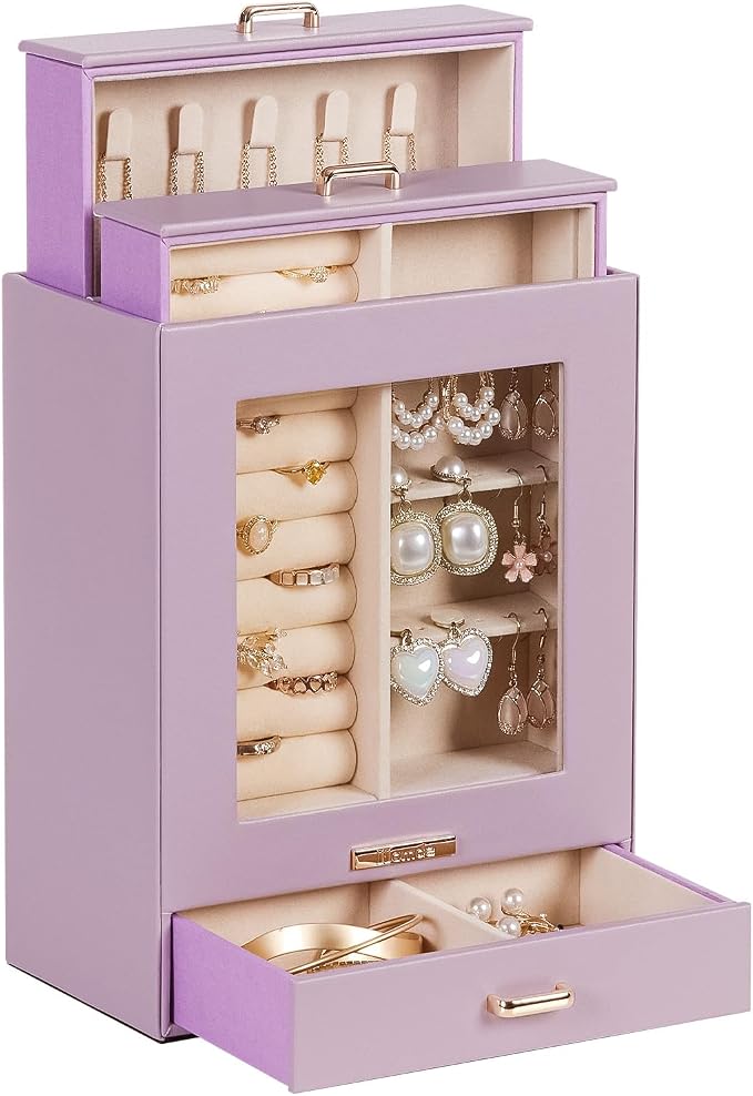 Homde Display Jewelry Box for Girls: Starter Organizer with Clear Window | Vertical Drawers for Earrings Rings Necklaces - Compact Footprint Fits Small Vanities - Birthday&Graduation Gift for Teens