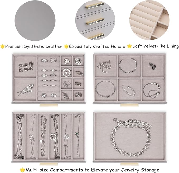 VLANDO 4-Drawer Jewelry Box with Glass Lid, Faux Leather Organizer for Rings Earrings Necklaces and More, Gift-Ready Jewelry Case for Women Girls or Moms, Grey