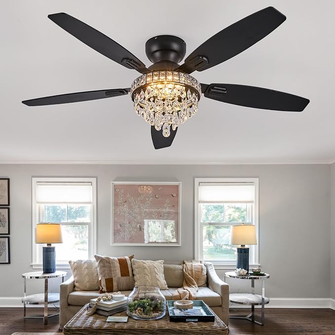 Crystal Ceiling Fan Fandelier with Lights-Ceiling Fans with Lights,54" Low Profile and Remote Control, Flush Mount, Reversible, Dimmable, Noiseless, Black Ceiling Fan for Bedroom