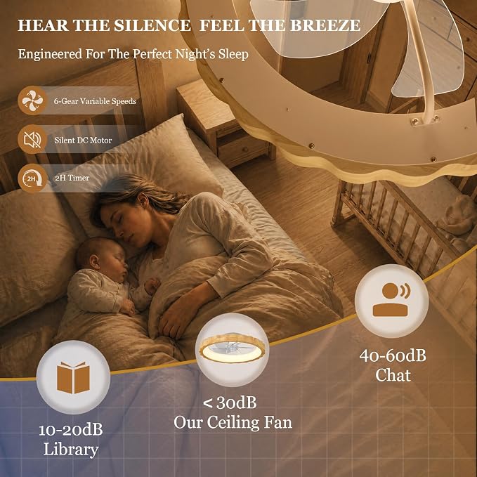 20 Inch Low Profile Ceiling Fan with Light, Flush Mount Small Fandelier with Remote Control, Modern Smart Dimmable Quiet LED Fan Light for Bedroom Living Room, Flower Patterned Natural Wood