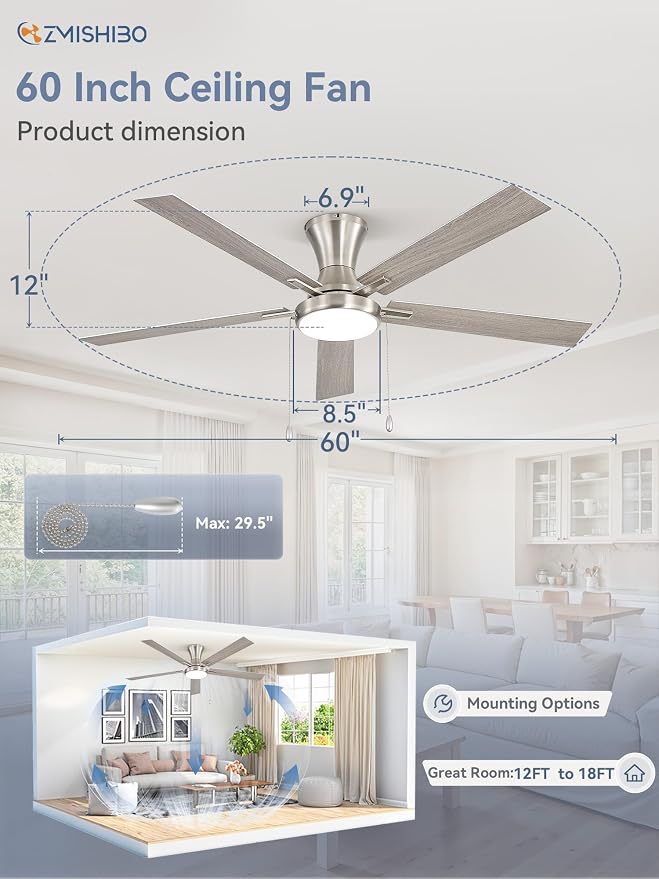 ZMISHIBO Ceiling Fans with Lights, Low Profile Ceiling Fan with Pull Chain and Remote Control, Flush Mount, Reversible, Dimmable, Noiseless, White Pull Cord Ceiling Fan for Bedroom(60inch Nickel)