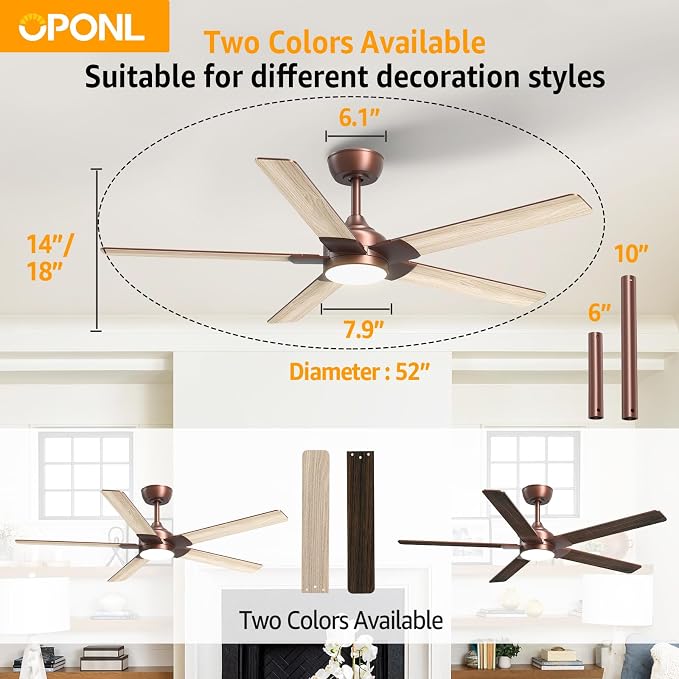 OPONL Ceiling Fan with Light, Ceiling fan with Light and Remote Control, Reversible, 6CCT, Dimmable, Noiseless, Ceiling Fan for Bedroom, Indoor/Outdoor Use, Brown, 52 inch, Modern