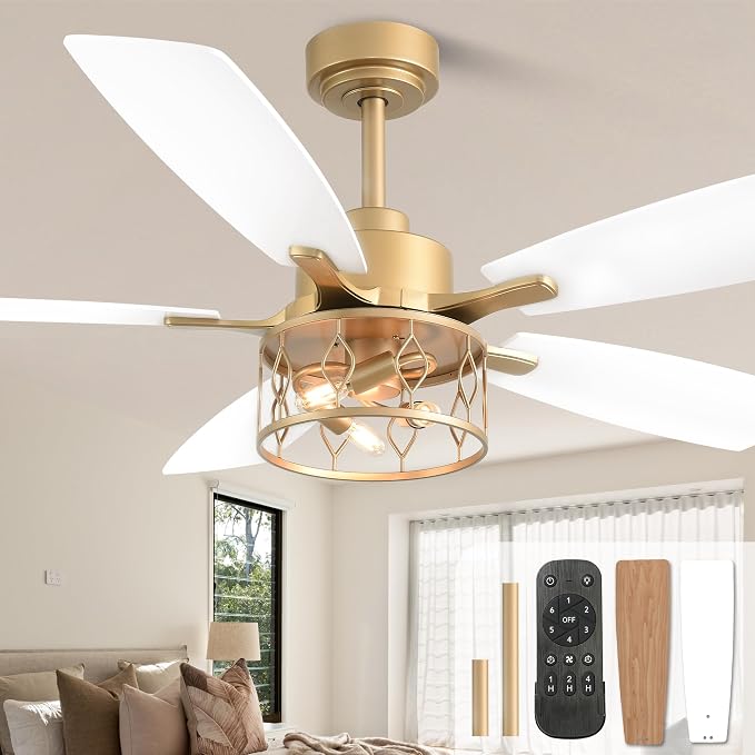 Farmhouse Caged Ceiling Fan with Light & Remote Control | Reversible Quiet DC Diamond Iron Cage Fan,6 Speed 1/2/4H Timer Dual-Sided Wood Blades with 2 Downrods for Living Room Bedroom