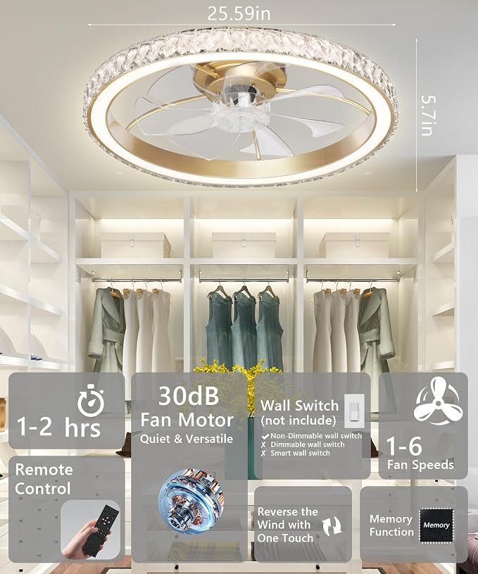 Aipsun 26" Low Profile Modern Crystal Chandelier Ceiling Fans with Lights and Remote, 3000K-6500K Smart Bladeless LED Fan Light, Gold Modern Ceiling Fans with Lights for Bedroom