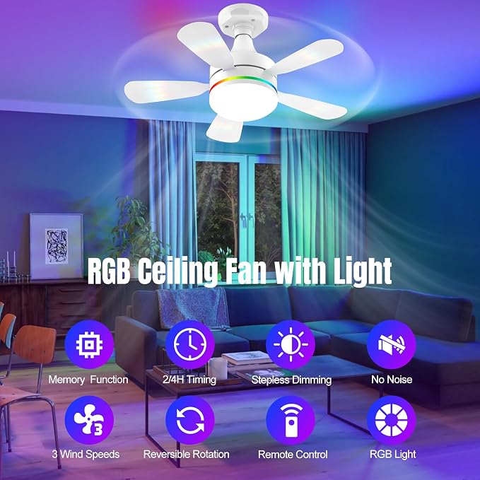 Socket Ceiling Fan with Light, E26 Base 17.5in - 3000LM Ultra Bright, Dimmable 3000K-6500K & RBG, 6 Speeds with Remote, Reversible Motor for Bedroom, Living Room, Kitchen