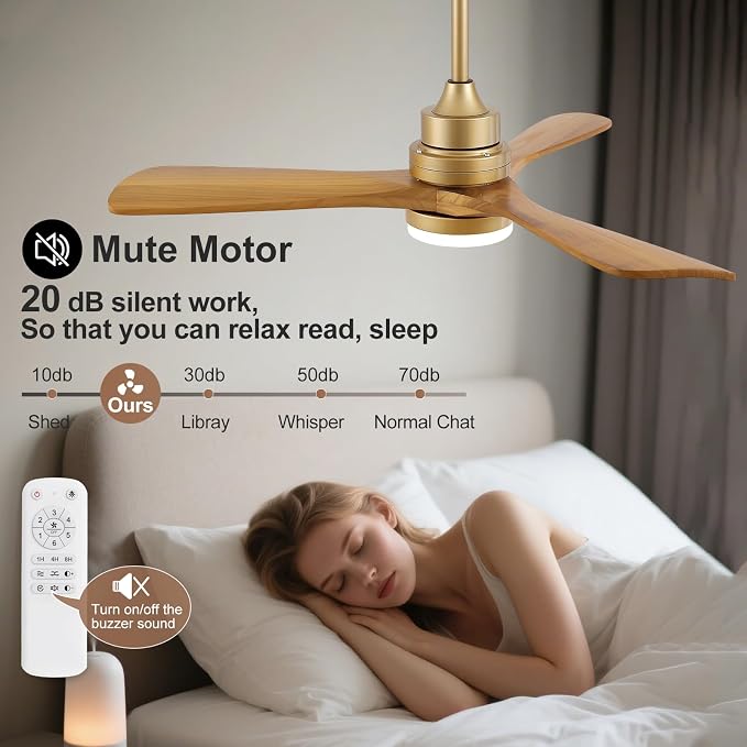 42 Inch Ceiling Fans with Lights and Remote, Dimmable LED Light, Quite Reversible DC Motor,Memory Function,Modern Solid Wood Indoor Outdoor Ceiling Fan with Light for Patio Office (Gold)