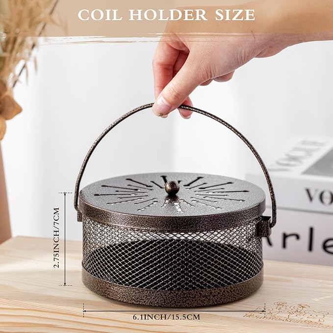Lallisa 4 Pieces Mosquito Coil Holder Incense Coil Holder Round Retro Portable Metal Hanging Incense Burner with Handle for Home Camping Indoor Outdoor Patio(Bronze)