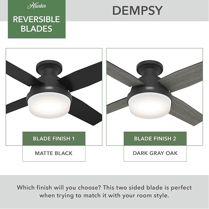 Hunter Dempsey, Indoor, Ceiling Fan, Modern, Quiet, 44 inch, Matte Black | with LED Light and Remote Control, Low Profile Mount, 4 Blades, For Bedroom, Living Room, Kitchen, 52390
