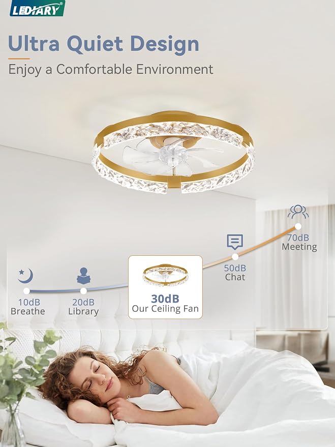 LEDIARY 2 Pack 20 Inch Ceiling Fans with Lights and Remote, Fandelier Modern Low Profile Ceiling Fan, 3000K-6000K Dimmable LED Fan Light, Gold Flush Mount Ceiling Fans with Lights for Bedroom