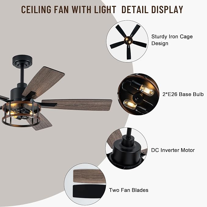 52" Farmhouse Ceiling Fans with Lights and Remote Control | Reversible Motor,5 Double Finish Wood Blades,Black Rustic Industrial Caged Ceiling Fan with Light for Living Room/Dining Room