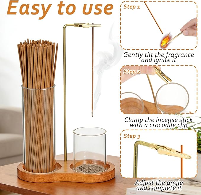 Wooden Incense Holder with Detachable Glass Ash Catcher, 2-in-1 Anti-Ash Burner for Sticks with Storage Base, Wood Meditation Yoga Spa Room Decor Home Altar Gift, Brown