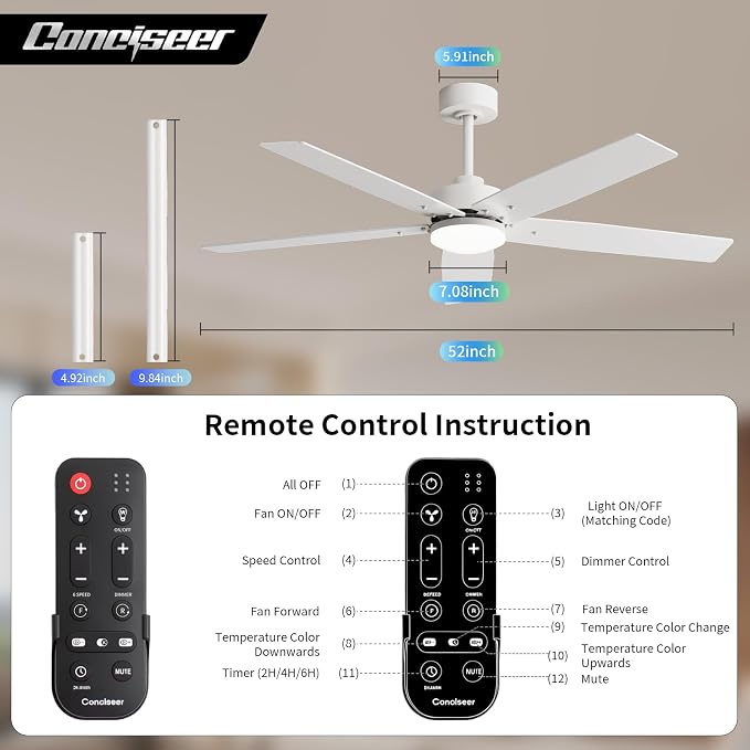52 Inch Ceiling Fans with Lights and Remote for Bedroom Living Room Kitchen Home Office Indoor/Outdoor, 18W 3CCT Dimmable, Dual Color 5 Blades 6 Speed Reversible Quiet DC Motor, White/Wood Grain