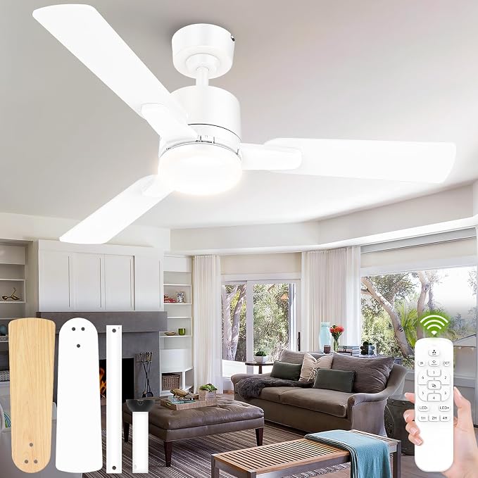 Ceiling Fans with Lights, 52 Inch Low Profile Ceiling Fan with Light and Remote Control,10 Min Quick Installation,Reversible,3CCT Dimmable,Quiet,white Small Ceiling Fan for Bedroom Indoor/Outdoor