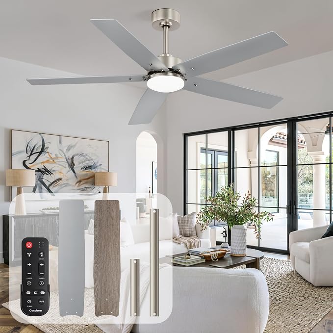 52 Inch Ceiling Fans with Lights and Remote for Bedroom Living Room Kitchen Home Office Indoor/Outdoor, 18W 3CCT Dimmable, Dual Color 5 Blades 6 Speed Reversible Quiet DC Motor, Sand-nickel/Wood Grain
