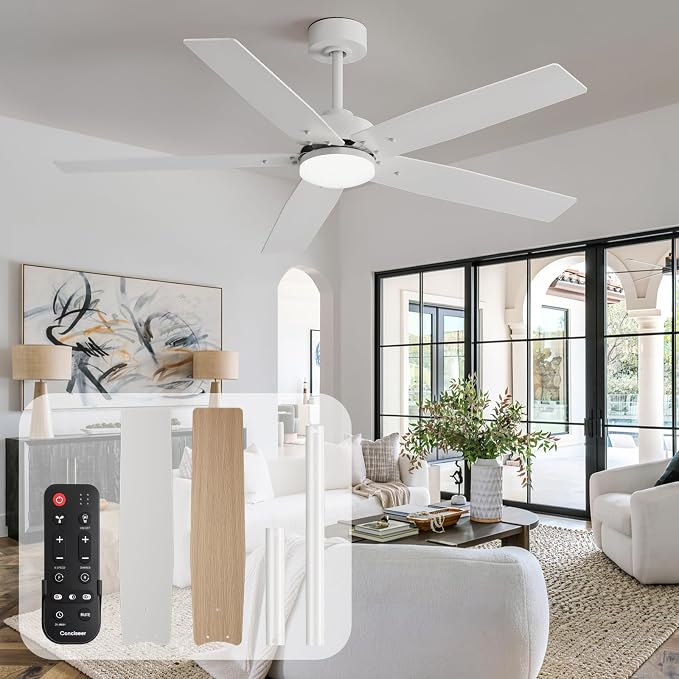 52 Inch Ceiling Fans with Lights and Remote for Bedroom Living Room Kitchen Home Office Indoor/Outdoor, 18W 3CCT Dimmable, Dual Color 5 Blades 6 Speed Reversible Quiet DC Motor, White/Wood Grain