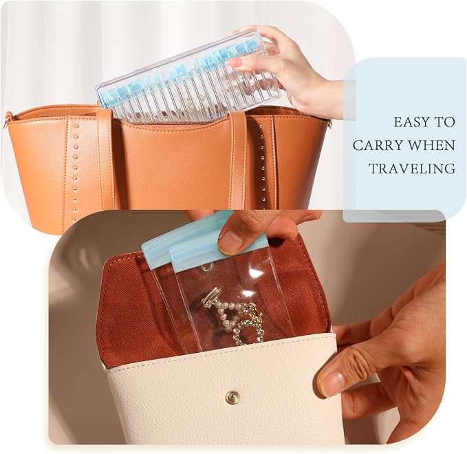 HOMEHIVE Acrylic Jewelry Box Organizer, Clear Jewelry Organizer Holder with 20 Portable Anti Tarnish Jewelry bags, Travel Jewelry Case for Earrings/Rings/Necklaces for Women Girls, Blue