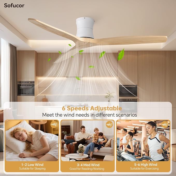 Sofucor 52" Solid Wood Ceiling Fan No Light, Low Profile Flush Mount Ceiling Fan with Remote, Outdoor Modern Ceiling Fan 6-Speed Timing Reversible DC Motor Noiseless for Living Room Bedroom Patio