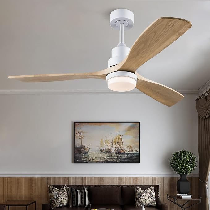 52 Inch Solid Wood Ceiling Fans with Lights, White Modern Ceiling Fan Light with Remote Silent Reversible DC Motor, Dimmable Led Home Decor Fan for Bedroom Living Room Patio