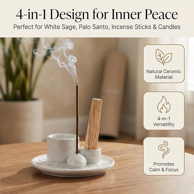 Palo Santo Sticks Holder, Multi-Purpose Handmade Ceramic Incense Burner for Palo Santo Incense Sticks, Sage Holder for Burning, Ash Catcher Tray for Meditation Yoga Room (Spotted White)