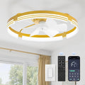 ZMISHIBO 24 Inch Low Profile Ceiling Fans with Lights and Remote, 3000K-6000K Dimmable Fandelier LED Fan Light, Flush Mount Ceiling Fan with Light, 6 Wind Speeds Ceiling Fans for Bedroom- Gold