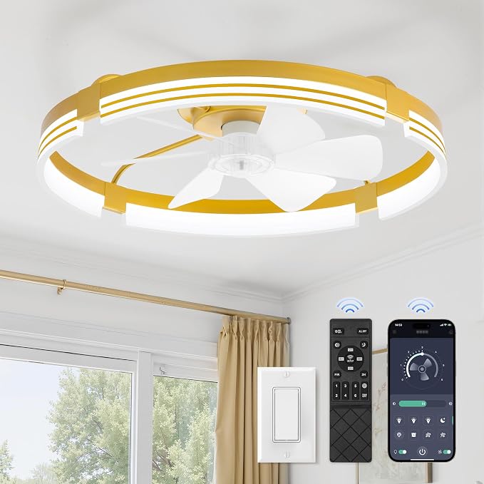 ZMISHIBO 24 Inch Low Profile Ceiling Fans with Lights and Remote, 3000K-6000K Dimmable Fandelier LED Fan Light, Flush Mount Ceiling Fan with Light, 6 Wind Speeds Ceiling Fans for Bedroom- Gold