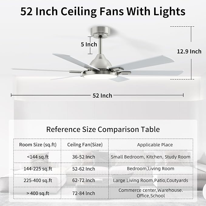 52 Inch Ceiling Fan with Light, 6 Wooden Blades, Brushed Nickel | Remote Control,Reversible Quiet DC Motor, 6-Speed, 3CCT Dimmable LED, Timer for Living Room, Bedroom, Office