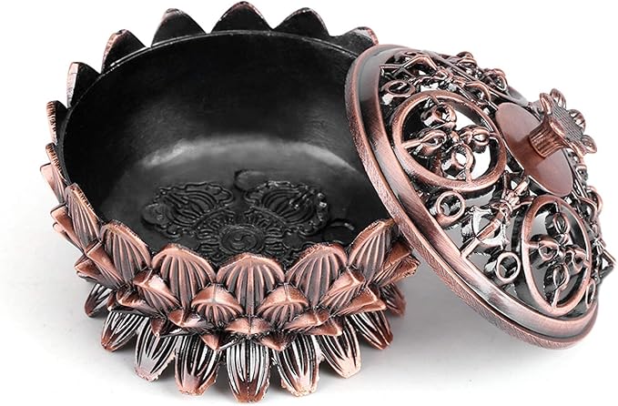 Lotus Incense Vintage Tibetan Copper Buddha Backflow Cone Holder Charcoal Burning Bowl Home Indoor Decor（2.75 x 1.97inch ）