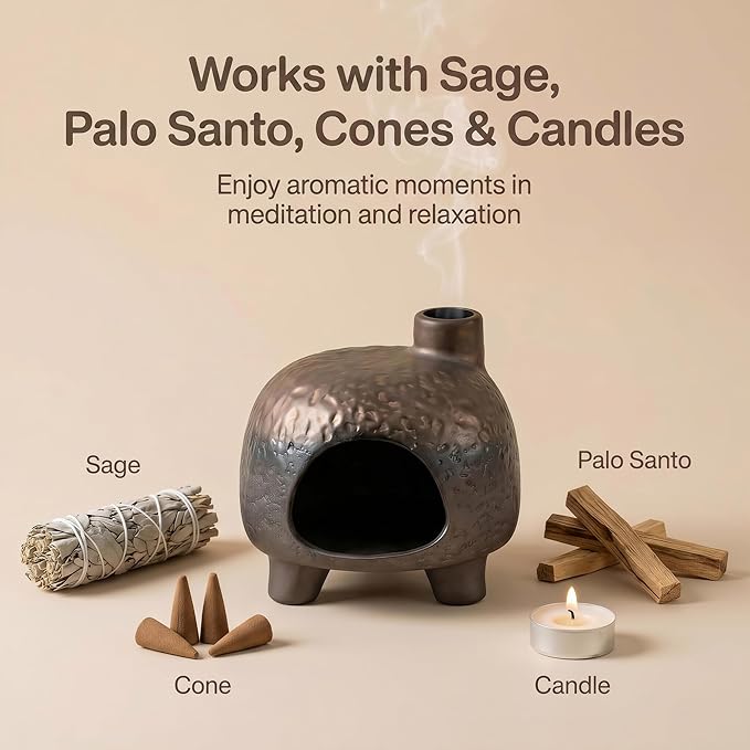 Handmade Ceramic Palo Santo Holder – Suitable for Burning Sage & Palo Santo - Mini Chimenea-Style Burner, an Incense Burner for Spiritual Meditation, Yoga or Home Decoration