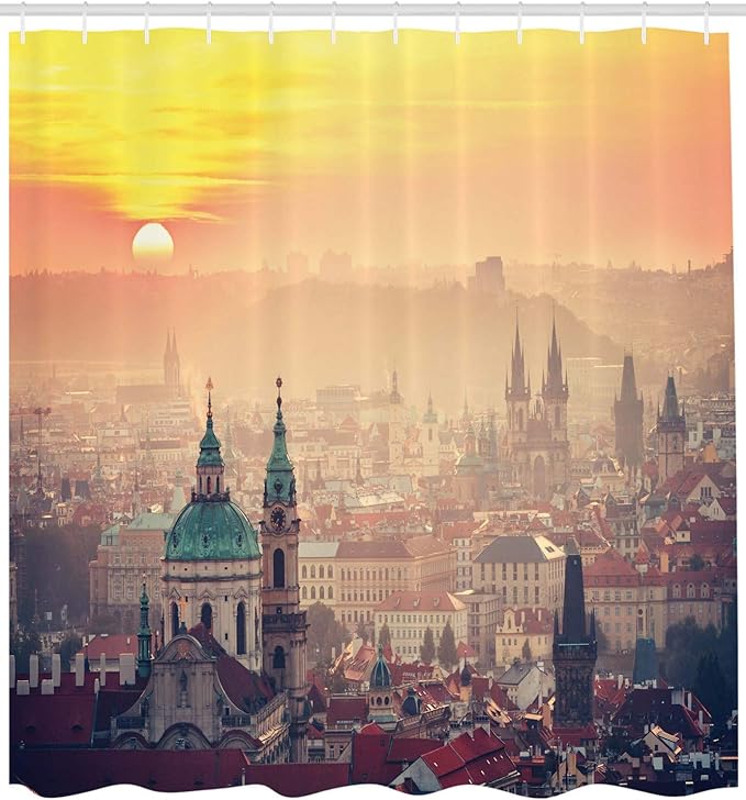 Ambesonne European Shower Curtain, Sunrise in Prague Old Medieval Town Historical Monumental Nostalgic Boho Form, Cloth Fabric Bathroom Decor Set with Hooks, 69" W x 75" L, Ruby
