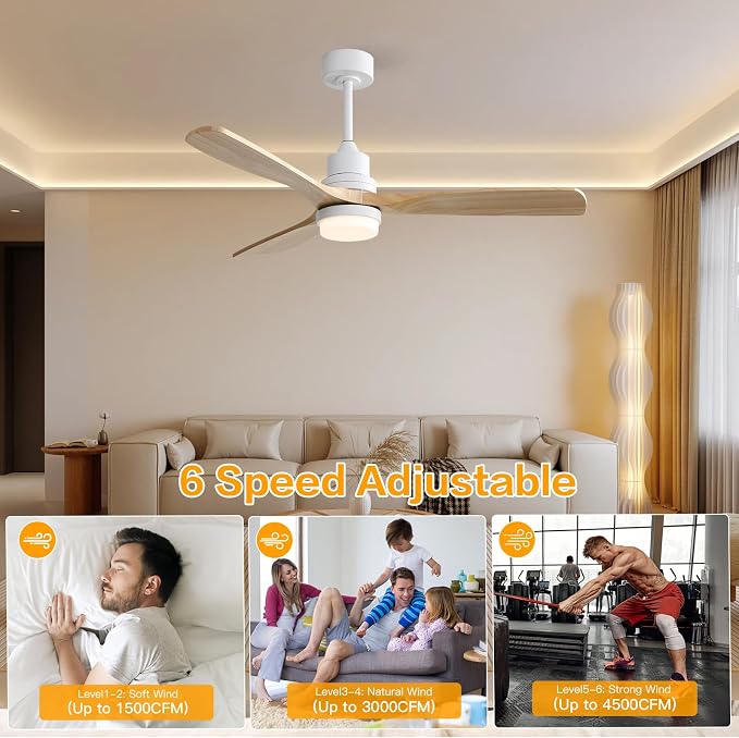 Sofucor Smart Ceiling Fan, 52" Low Profile Ceiling Fans with Lights and Remote, Compatible with Alexa/Google/App, 3-Color Light 6-Speed DC Motor Reversible Timer for Bedroom Living Room Patio Outdoor