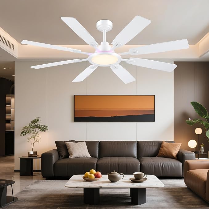 Ceiling Fan With Light & Remote Indoor/Outdoor Use 60 Inch RGB White | Remote Control,RGB Dimmable,Reversible DC Motor,3CCT,Timer,Noiseless,Ceiling Fan for Bedroom Living Room