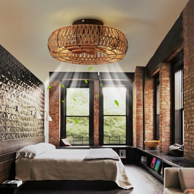 20" Boho Caged Bladeless Ceiling Fans with Lights and Remote | Flush Mount Low Profile Ceiling Fan Light. Silent 6 Speed Reversible Motor, Hand-knitting for Living Room Bedroom w/ 4 bulbs.
