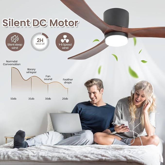 GESUM 52" Ceiling Fan With Lights Remote Control, Low Profile Ceiling Fan with 3 Walnut Wood Blades, Reversible,Dimmable, Flush Mount Ceiling Fans for Living Room Kitchen Bedroom(Black+Walnut)