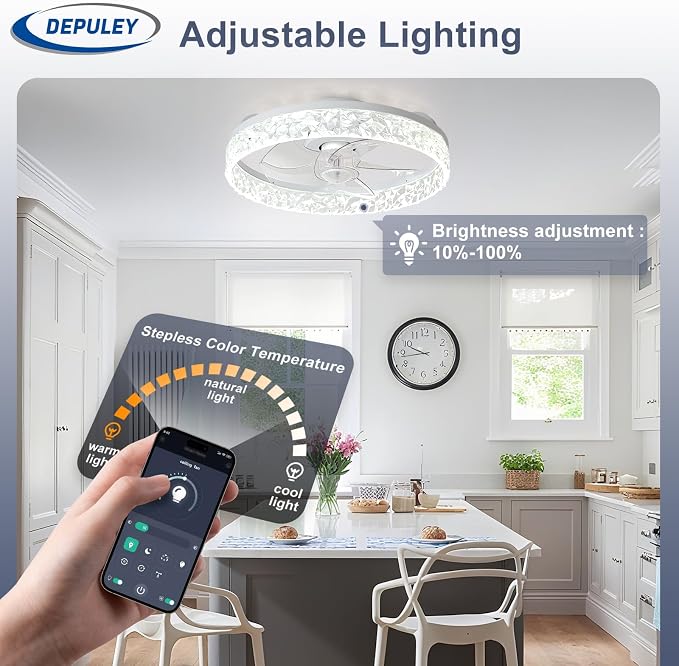 Depuley Ceiling Fans with Lights and Remote: 16" Modern Low Profile Flush Mount Ceiling Fan with App Remote Control - White Fandelier for Bedroom Living Room Kitchen Dimmable Quiet DC Motor