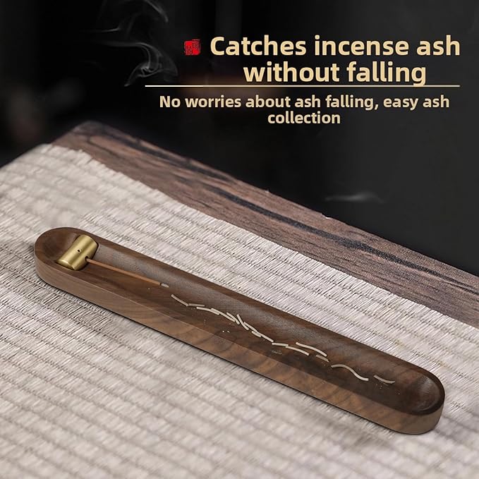 Wood Incense Holder for Sticks with Ash Catcher, 7.2 Inch Brass Incense Burner with 3 Holes, Wooden Incense Stick Holder for Meditation, Yoga, SPA & Home Decor