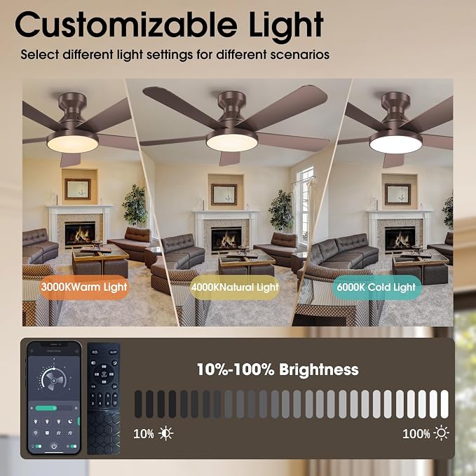 Ceiling Fans with Lights, 46" Low Profile Ceiling Fan with Light, Remote/App Control, Flush Mount Ceiling Fan for Bedroom, Indoor/Outdoor (Brown)