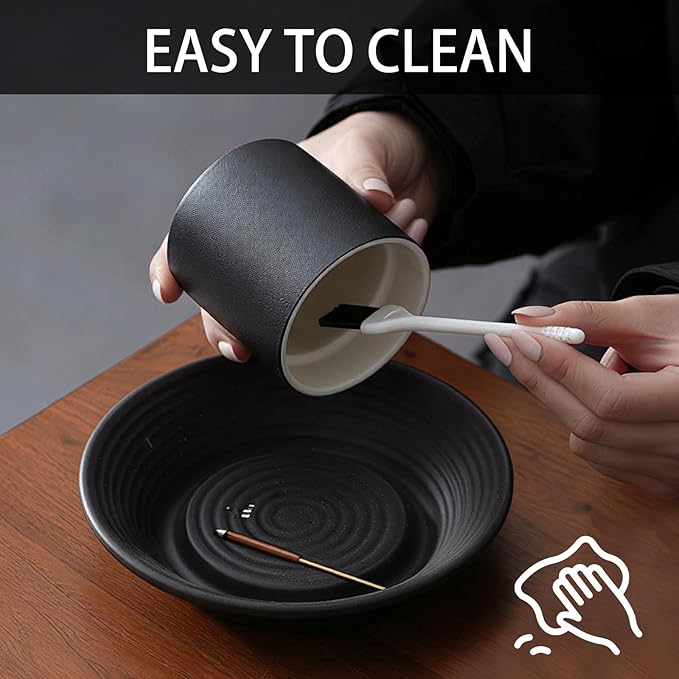 CEREMONY Incense Holder, Ceramic Incense Holder for Sticks with Glass Ash Catcher, Anti-ash Incense Burner with 20 Incense Sticks and a Ash Brush for Meditation Yoga Spa Room Decor (Black)