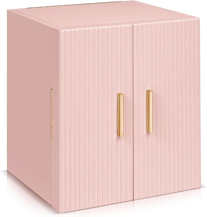 Dajasan Large Jewelry Box Organizer, Jewelry Storage with 3 Drawers, Huge Jewelry Box with Mirror, Gift Idea for Women, Girls, Double Door, Textured PU Leather Surface, Stylish (Pink + Gold)