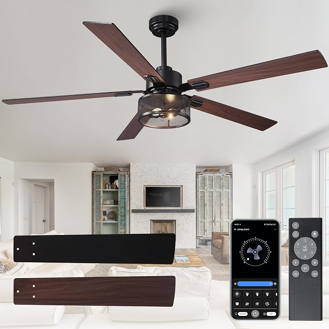 60 Inch Farmhouse Ceiling Fan with Lights and Remote/APP Control, Large Outdoor Ceiling Fan with 6 Speeds Reversible DC Motor, Rustic Ceiling Fan for Living Room Dining Room Patio