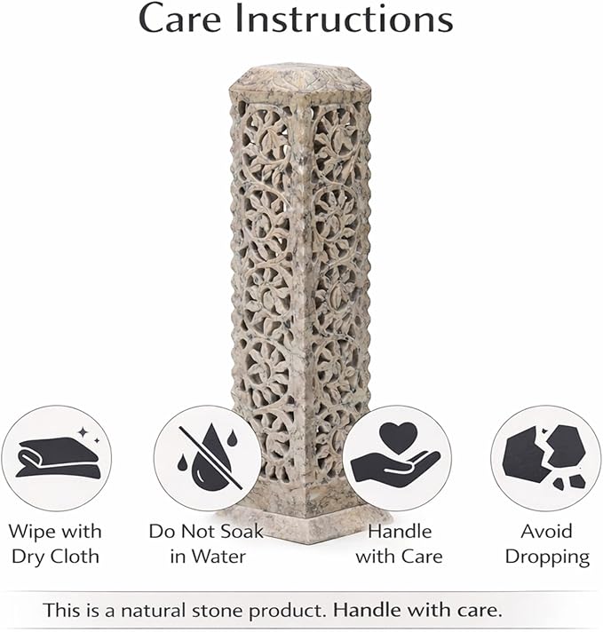 Carry Me Handmade Marble Soapstone Incense Stick Burner | Candle Stick Holder | Tea Light Stand - Perfect Incense Tower for Gifting. Decorative Home and Kitchen Decor (3 x 3 x 11 Inches)