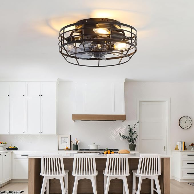 Farmhouse Caged Ceiling Fan with Light, Bladeless Flush Mount Fan Lights Ceiling Fixtures with Remote, 12 in 6 Speeds Indooor Lights for Kitchen, Living Room, Bedroom, Black