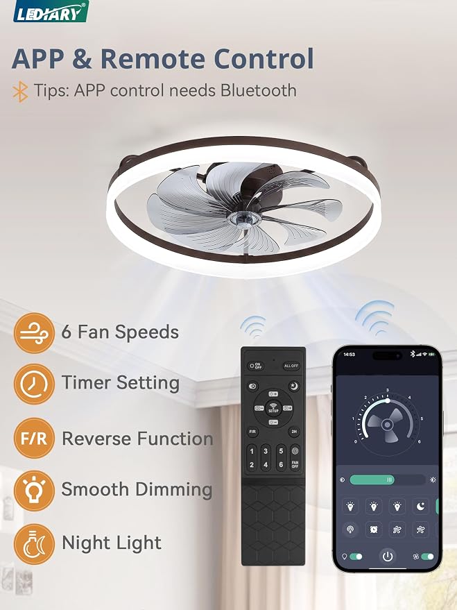 LEDIARY Ceiling Fans with Lights, 23 inch Low Profile Flush Mount Ceiling Fan, Dimmable LED, APP & Remote Control, Quiet Reversible DC Motor, 6 Speeds, Fandelier for Bedroom, Brown
