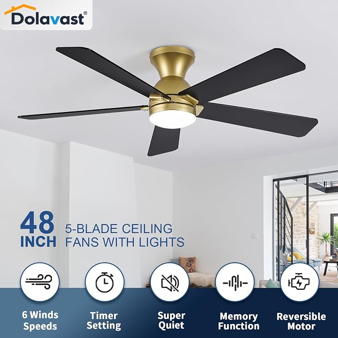 Ceiling Fans with Lights and Remote, 48 Inch Ceiling Fan with Light, Low Profile, Reversible, Dimmable LED, Flush Mount, Quiet, DC Motor, Gold Ceiling Fan for Bedroom, Kitchen, Dining Room