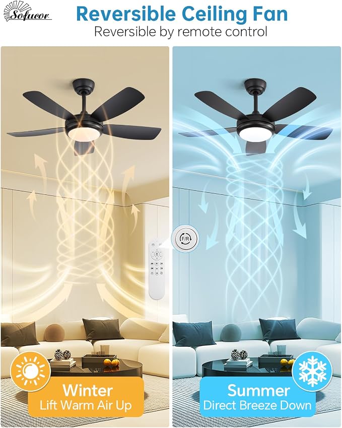 Sofucor 42 Inch Ceiling Fans with Lights-Modern Black Small Bedroom Ceiling Fan with Remote Control, Plug-in Blades Quick Install, Quiet DC Motor,Outdoor ABS Ceiling Fan for Kitchen/Living Room/Patios